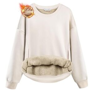 Fleece Sherpa Lined Warm Winter Pullover Crewneck Sweatshirt Beige